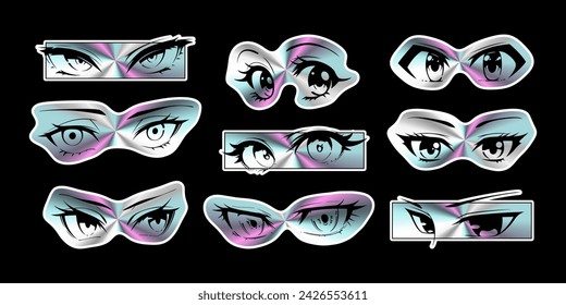 Holographic anime eye sticker set on isolated background. Iridescent manga cartoon character, animation art style bundle. Trendy Y2K eyes, facial expression graphic, diverse metallic comic book label.