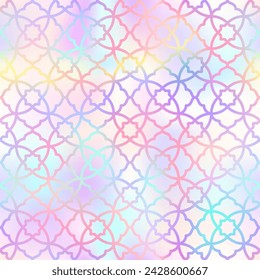 Holographic Arabic style seamless pattern. Vector gradient oriental ornament on shiny pastel background. Oriental traditional texture for backgrounds, wallpapers, textile patterns, decoration