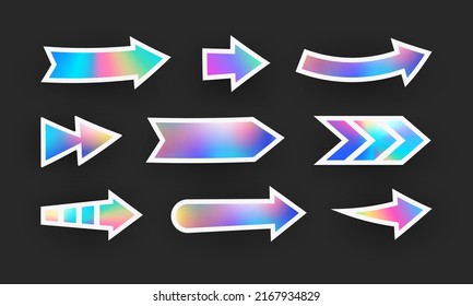 Holographic arrow. Hologram labels of arrow shapes. Sticker shapes for design mockups. Holographic textured stickers for preview tags, labels. Vector illustration