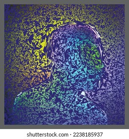 Holographic Art Abstract Forms. Polygon mesh of human face on dark background.