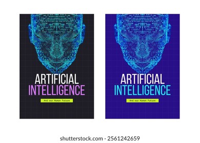 Holographic Artificial Intelligence face featuring a pixelated head in a blue digital style—a futuristic avatar for AI and digital technology—vector cover.
Fonts used Bebas Nueue, PT Mono.