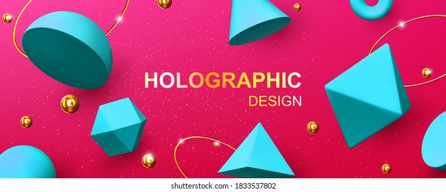 Fondo holográfico con formas geométricas 3d, bolas doradas, anillos y brillo. Diseño abstracto vectorial con figuras de renderización turquesa, cono, pirámide, octaedro y toro sobre fondo rosa