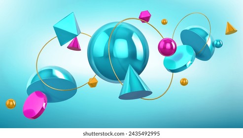 Holographic background with 3d geometric shapes spheres golden rings abstract design with turquoise vector design in eps 10