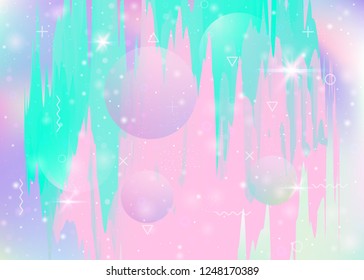 Holographic background with abstract cosmos landscape and future universe. Futuristic gradient and shape. 3d fluid. Hipster mountain silhouette with wavy glitch. Memphis holographic background.