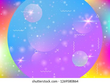 Holographic background with abstract cosmos landscape and future universe. 3d fluid. Futuristic gradient and shape. Spectrum mountain silhouette with wavy glitch. Memphis holographic background.