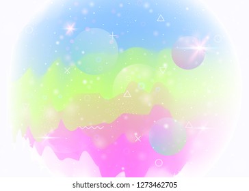 Holographic background with abstract cosmos landscape and future universe. Vibrant mountain silhouette with wavy glitch. Futuristic gradient and shape. 3d fluid. Memphis holographic background.