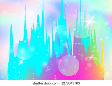 Holographic background with abstract cosmos landscape and future universe. Futuristic gradient and shape. Girlish mountain silhouette with wavy glitch. 3d fluid. Memphis holographic background.
