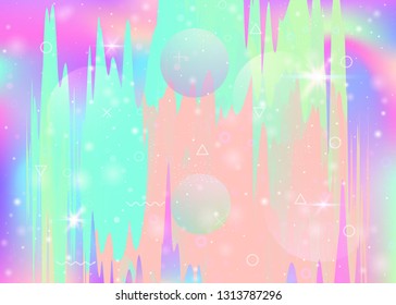 Holographic background with abstract cosmos landscape and future universe. Girlie mountain silhouette with wavy glitch. Futuristic gradient and shape. 3d fluid. Memphis holographic background.
