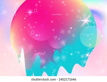 Holographic background with abstract cosmos landscape and future universe. Futuristic gradient and shape. Hipster mountain silhouette with wavy glitch. 3d fluid. Memphis holographic background.
