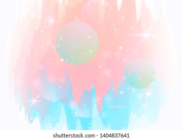 Holographic background with abstract cosmos landscape and future universe. 3d fluid. Futuristic gradient and shape. Kawaii mountain silhouette with wavy glitch. Memphis holographic background.