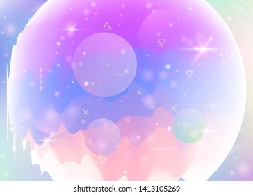 Holographic background with abstract cosmos landscape and future universe. Futuristic gradient and shape. Pearlescent mountain silhouette with wavy glitch. 3d fluid. Memphis holographic background.