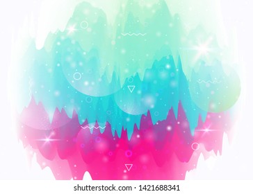 Holographic background with abstract cosmos landscape and future universe. Futuristic gradient and shape. 3d fluid. Minimal mountain silhouette with wavy glitch. Memphis holographic background.