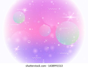 Holographic background with abstract cosmos landscape and future universe. Colorful mountain silhouette with wavy glitch. Futuristic gradient and shape. 3d fluid. Memphis holographic background.