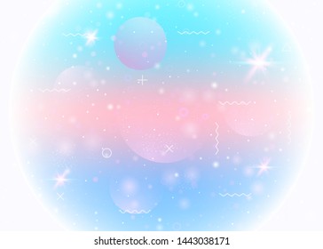 Holographic background with abstract cosmos landscape and future universe. Futuristic gradient and shape. 3d fluid. Spectrum mountain silhouette with wavy glitch. Memphis holographic background.