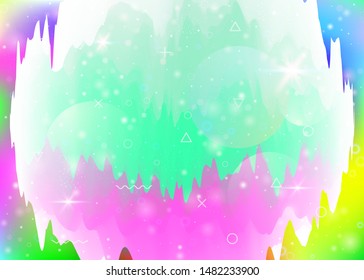 Holographic background with abstract cosmos landscape and future universe. 3d fluid. Futuristic gradient and shape. Girlish mountain silhouette with wavy glitch. Memphis holographic background.