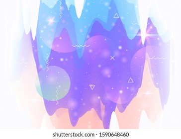 Holographic background with abstract cosmos landscape and future universe. 3d fluid. Creative mountain silhouette with wavy glitch. Futuristic gradient and shape. Memphis holographic background.