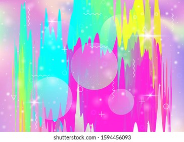 Holographic background with abstract cosmos landscape and future universe. Spectrum mountain silhouette with wavy glitch. 3d fluid. Futuristic gradient and shape. Memphis holographic background.