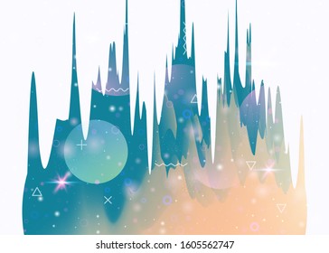 Holographic background with abstract cosmos landscape and future universe. Futuristic gradient and shape. 3d fluid. Neon mountain silhouette with wavy glitch. Memphis holographic background.