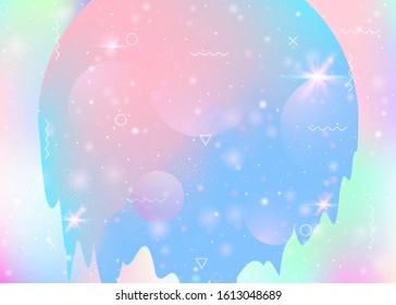 Holographic background with abstract cosmos landscape and future universe. 3d fluid. Futuristic gradient and shape. Hipster mountain silhouette with wavy glitch. Memphis holographic background.