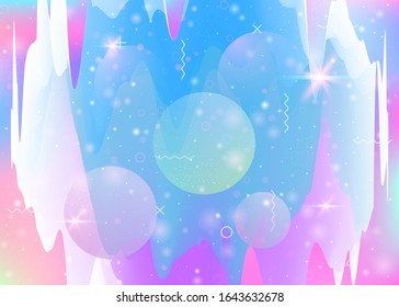 Holographic background with abstract cosmos landscape and future universe. 3d fluid. Futuristic gradient and shape. Pearlescent mountain silhouette with wavy glitch. Memphis holographic background.