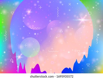 Holographic background with abstract cosmos landscape and future universe. Iridescent mountain silhouette with wavy glitch. Futuristic gradient and shape. 3d fluid. Memphis holographic background.