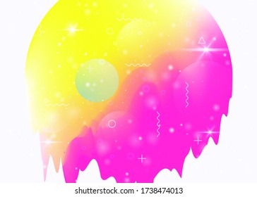 Holographic background with abstract cosmos landscape and future universe. Vintage mountain silhouette with wavy glitch. 3d fluid. Futuristic gradient and shape. Memphis holographic background.