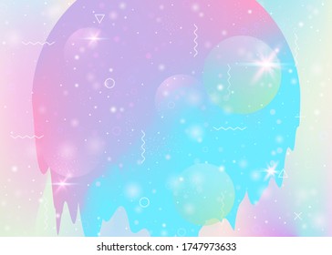Holographic background with abstract cosmos landscape and future universe. Futuristic gradient and shape. 3d fluid. Iridescent mountain silhouette with wavy glitch. Memphis holographic background.