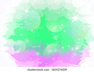 Holographic background with abstract cosmos landscape and future universe. 3d fluid. Plastic mountain silhouette with wavy glitch. Futuristic gradient and shape. Memphis holographic background.