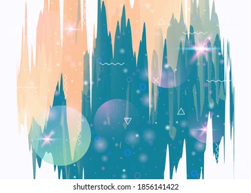 Holographic background with abstract cosmos landscape and future universe. Retro mountain silhouette with wavy glitch. Futuristic gradient and shape. 3d fluid. Memphis holographic background.