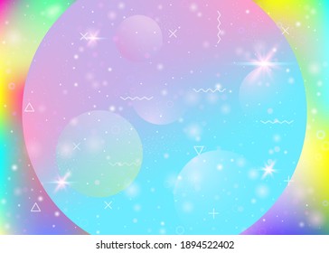 Holographic background with abstract cosmos landscape and future universe. 3d fluid. Hipster mountain silhouette with wavy glitch. Futuristic gradient and shape. Memphis holographic background.
