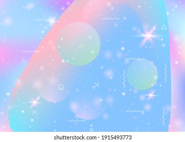 Holographic background with abstract cosmos landscape and future universe. Multicolor mountain silhouette with wavy glitch. 3d fluid. Futuristic gradient and shape. Memphis holographic background.