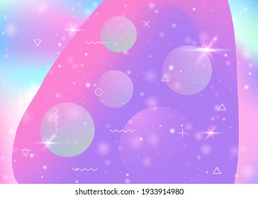 Holographic background with abstract cosmos landscape and future universe. Vintage mountain silhouette with wavy glitch. Futuristic gradient and shape. 3d fluid. Memphis holographic background.