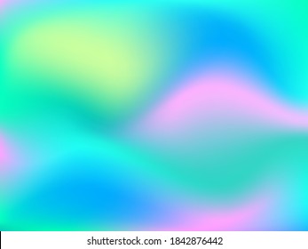 Holographic background. Bright smooth mesh blurred futuristic pattern in pink, blue, green colors. Fashionable ad vector. Intensive gradient of holographic spectrum for printed products, covers. 