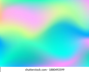 Holographic background. Bright smooth mesh blurred futuristic pattern in pink, blue, green colors. Fashionable ad vector. Intensive gradient of holographic spectrum for printed products, covers.