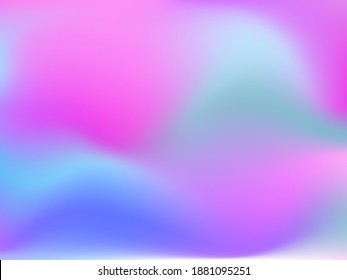 Holographic background. Bright smooth mesh blurred futuristic pattern in pink, blue, green colors. Fashionable ad vector. Intensive gradient of holographic spectrum for printed products, covers.