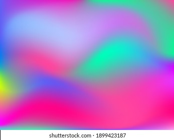 Holographic background. Bright smooth mesh blurred futuristic pattern in pink, blue, green colors. Fashionable ad vector. Intensive gradient of holographic spectrum for printed products, covers. 