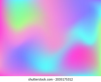 Fondo holográfico. Malla suave y brillante con un patrón futurista borroso. Vector de publicidad de moda. Gradiente de espectro holográfico intenso para productos de impresión, cubiertas.