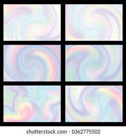 Holographic background gradient mesh set vector illustration. Colorful iridescent pastel background pack.