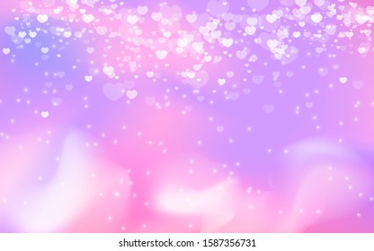 Holographic background with hearts and clouds.