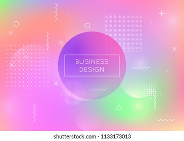 Holographic background with liquid shapes. Dynamic bauhaus gradient with memphis fluid elements. Graphic template for brochure, banner, wallpaper, mobile screen. Multicolor holographic background.