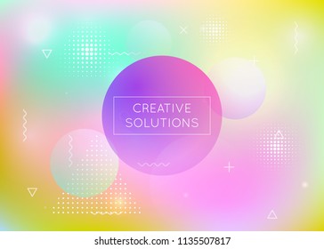 Holographic background with liquid shapes. Dynamic bauhaus gradient with memphis fluid elements. Graphic template for placard, presentation, banner, brochure. Iridescent holographic background.