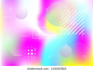 Holographic background with liquid shapes. Dynamic bauhaus gradient with memphis fluid elements. Graphic template for placard, presentation, banner, brochure. Plastic holographic background.