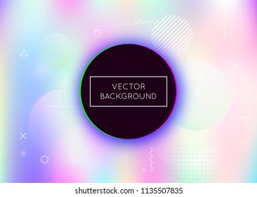 Holographic background with liquid shapes. Dynamic bauhaus gradient with memphis fluid elements. Graphic template for placard, presentation, banner, brochure. Pearlescent holographic background.