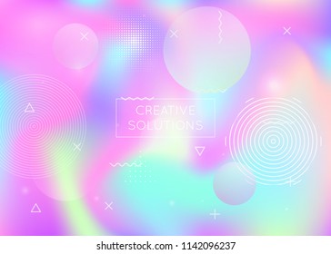 Holographic background with liquid shapes. Dynamic bauhaus gradient with memphis fluid elements. Graphic template for placard, presentation, banner, brochure. Bright holographic background.