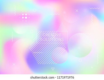 Holographic background with liquid shapes. Dynamic bauhaus gradient with memphis fluid elements. Graphic template for brochure, banner, wallpaper, mobile screen. Futuristic holographic background.