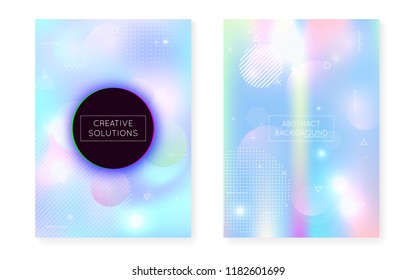 Holographic background with liquid shapes. Dynamic bauhaus gradient with memphis fluid cover. Graphic template for flyer, ui, magazine, poster, banner and app. Neon holographic background.