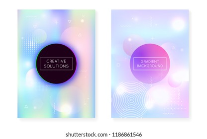 Holographic background with liquid shapes. Dynamic bauhaus gradient with memphis fluid cover. Graphic template for placard, presentation, banner, brochure. Iridescent holographic background.