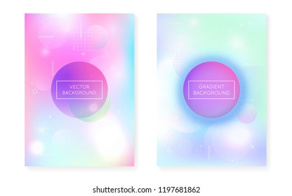 Holographic background with liquid shapes. Dynamic bauhaus gradient with memphis fluid cover. Graphic template for brochure, banner, wallpaper, mobile screen. Neon holographic background.