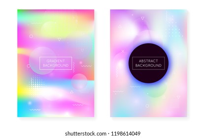 Holographic background with liquid shapes. Dynamic bauhaus gradient with memphis fluid cover. Graphic template for brochure, banner, wallpaper, mobile screen. Iridescent holographic background.