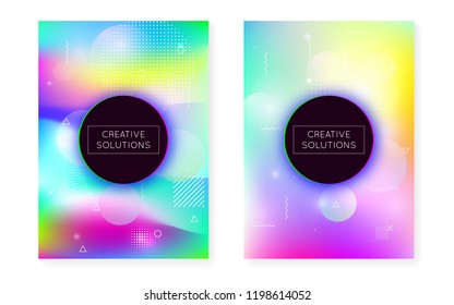 Holographic background with liquid shapes. Dynamic bauhaus gradient with memphis fluid cover. Graphic template for flyer, ui, magazine, poster, banner and app. Futuristic holographic background.